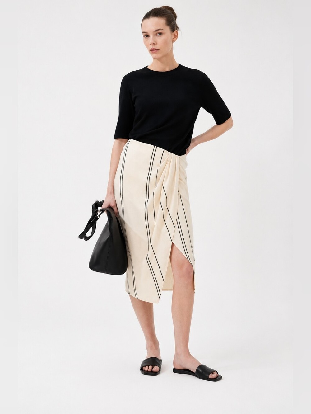 H&M Draped Wrap Front Skirt Size M Cream Striped Midi Minimalist